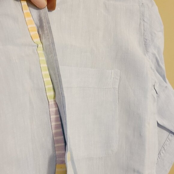 MINE | Men's Blue Multicolored Placket 100% Linen Button-Down Shirt (Size Large) - Picture 8 of 12